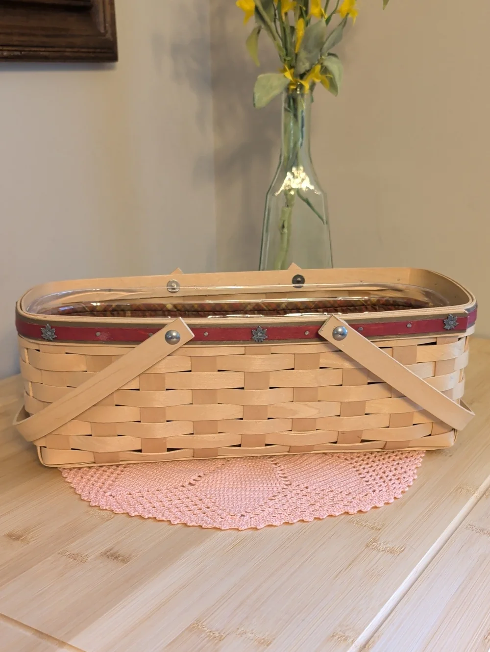 Longaberger Natural Woven Basket with Red Trim and Dual Handles